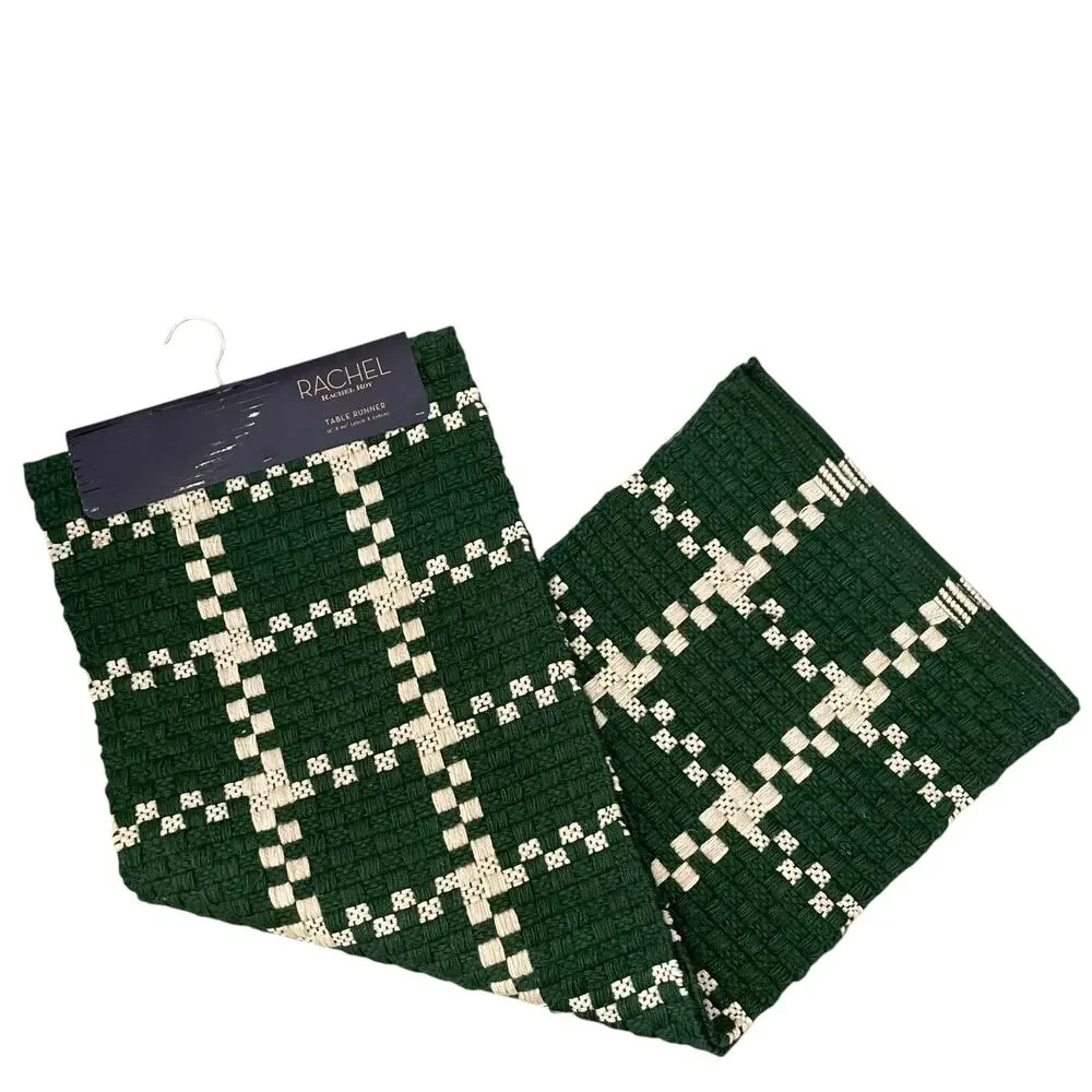 Rachel Roy Checkered Jute Table Runner 16x90 Christmas Holiday Green Cream New